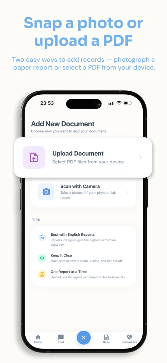 MyLabStory add document screen with upload and camera options