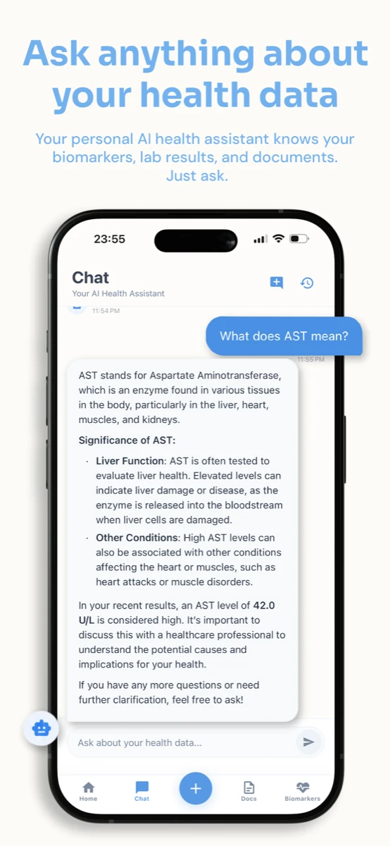 MyLabStory AI health assistant chat explaining lab results