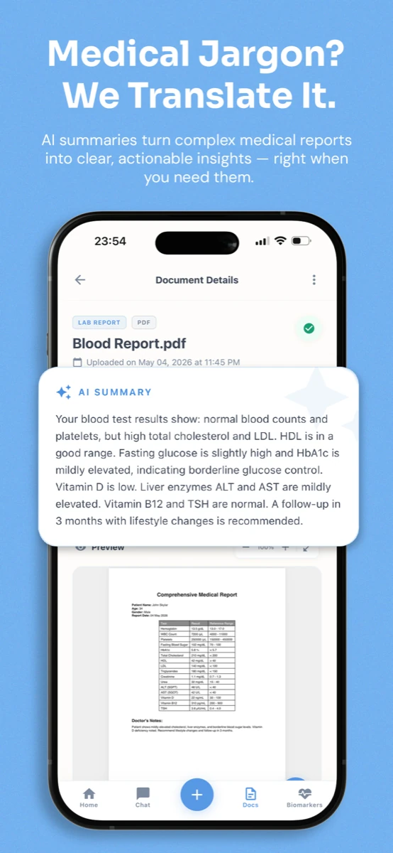 MyLabStory AI summary of a blood report in plain English