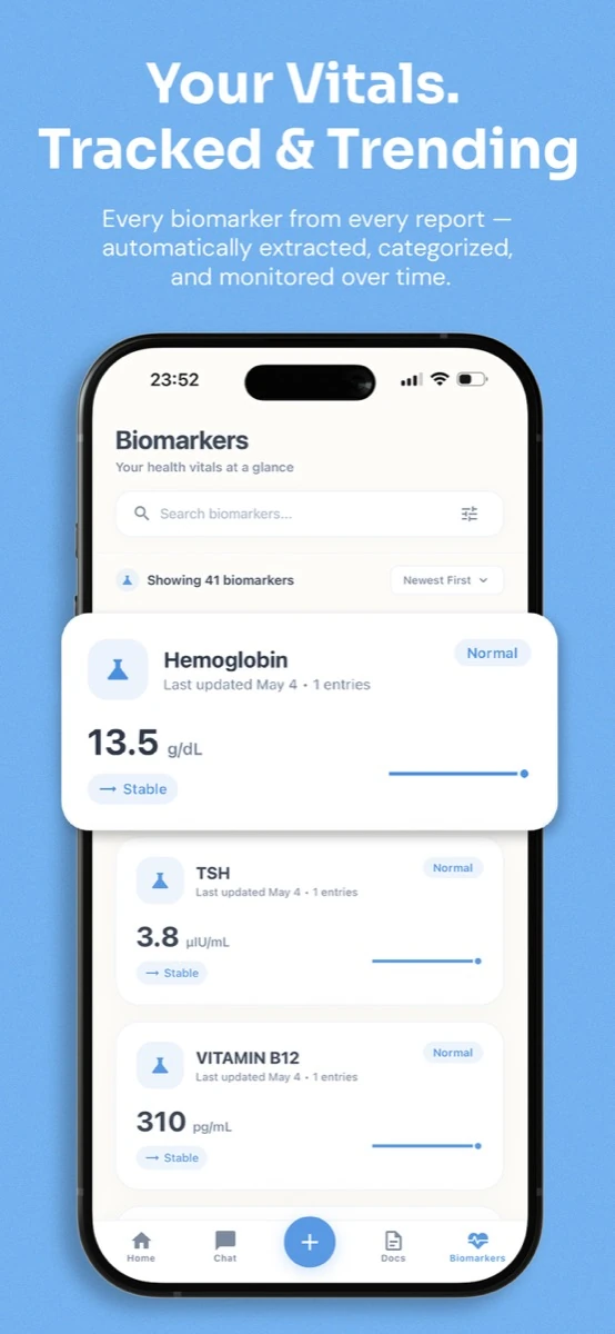 MyLabStory biomarker tracking with values and trends